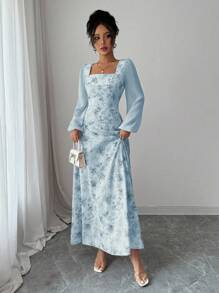 Modelyn Women's Printed Square Neck Long Sleeve Elegant Summer Dress Fall Cloth For Women