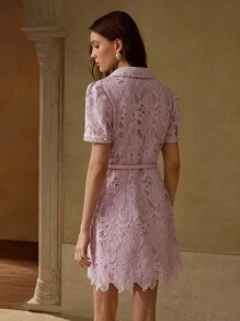 MOTF PREMIUM GUIPURE LACE OVERLAY PUFF SLEEVE BELTED SHORT SHIRT DRESS - Purple - View 3