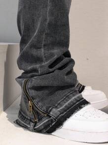 Manfinity EMRG Stylish Men's Grey Zippered Denim Jeans: Modern Casual Long Fit With Distressed Ankle Zips For A Look Going Out Hang Out Vacation Street Urban, Emo Style - Grey - View 3