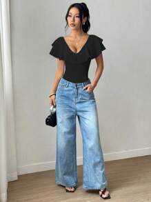 Rafferiza 女士优雅纯色荷叶边紧身衣，夏季 - 黑色 - 查看 4