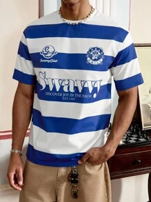 Manfinity VCAY Daily Casual Tops Wide Stripe Pattern Men's Loose Fit Knitted Round Neck Short Sleeve T-Shirt - Navy Blue - View 1