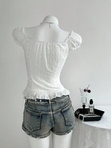 Elamini Casual Fashionable Versatile Lace Trim Fitted Women Shirt - White - View 2