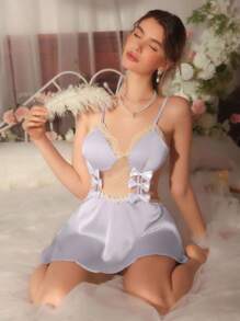 Bowknot Decor Sexy Lace Patchwork Waist Hollow Back Tie Up Soft Satin Women Nightgown Babydoll Luxeloungewear Bow Tie - Mauve Purple - View 5