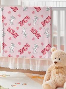 TOM & JERRY X SHEIN 粉色法兰绒字母卡通图案毛毯，适合休闲和办公室使用 - 粉色 - 查看 9