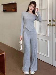 SHEIN 青少年女童两件套秋冬休闲毛绒不对称露肩上衣搭配宽松阔腿裤套装，返校季，休闲优雅套装，居家休闲 - 灰色 - 查看 5