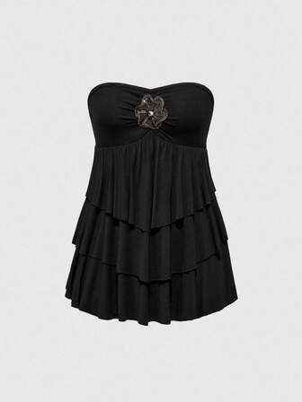 Top de tirantes con cuello vintage sexy, decorado con rhinestones y dobladillo multicapa en forma de A