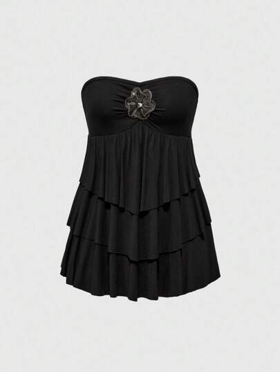 Débardeur vintage sexy à col orné de strass, à ourlet multicouche en forme de A