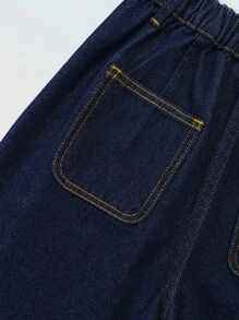 休闲百搭舒适优雅清新阔腿宽松白色牛仔裤，适合少女秋冬季穿着 - 深色水洗藍 - 查看 6