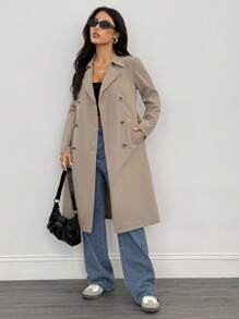 SHEIN PETITE Khaki Retro Long-Sleeved Waist Women's Trench Coat,Winter Women,Winter Women Coat,New Year Eve,Women Jackets, Women,Long Women Jackets,Winter Women Jacket,Elegant Jackets,Business Women Trench Coat Women Women Trench Coats Long Trench Coat Double Breasted Trench Coat Belted Trench Coat Women Trench Coat Long Coat Long Jacket Women Women Outerwear - Khaki - View 4
