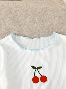 SHEIN 两件套女童圆领刺绣樱桃图案弹力腰格纹条纹樱桃休闲套装，长袖上衣和喇叭裤，秋冬款 - 彩色 - 查看 5