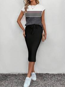 SHEIN LUNE 2 件女士条纹撞色印花 A 字裙套装，适合春夏季