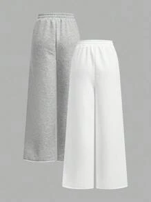 SHEIN EZwear 2 件女式休闲纯色阔腿运动裤，白色 + 浅花灰色 - 灰色 - 查看 2