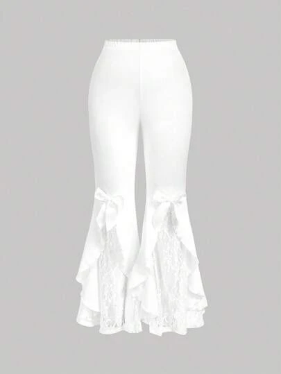 SHEIN MOD Plus Size Women's Retro White Lace Patchwork Bow Flare Leg Pants, Lace Bell Bottoms White Bell Bottom Pants White Ruffle Pants