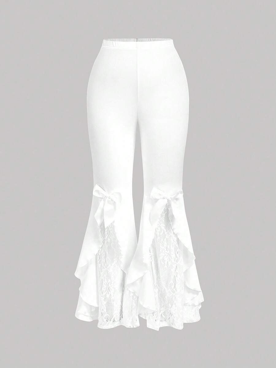 SHEIN MOD 大尺碼女款復古白色蕾絲拼接蝴蝶結喇叭褲 - 白色 - 查看 1