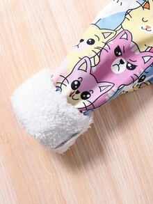 Tween Girl Casual Cartoon Print Thermal Lined Hooded Coat, Autumn/Winter Fall