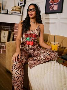 Miss Vinta Multicolor Spaghetti Strap Pajama Set With Regular Fit And Playful Cherry Leopard Design Leopard Print Pajama Set Leopard Pajamas Women Cherry Print Pajamas Women Pajama Set Animal Print Pajama Set - Multicolor - View 5