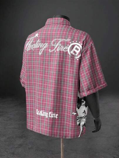 Street Life Camicia a maniche corte estiva da uomo, design unico con stampa in inglese di angeli bambini e motivo a quadri