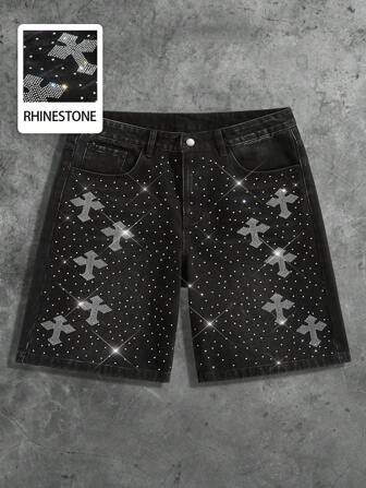 Street Life Men's Summer Fashion Street Style Rhinestone Decor Cross Slant Pocket Denim Shorts