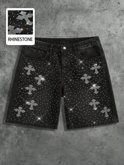 Goth Men's Summer Fashion Street Style Rhinestone Decor Cross Slant Pocket Denim Shorts