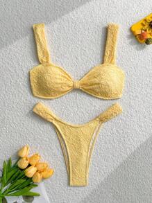 Swim Mod Neuer Sommer Einfarbiger Strandurlaub Plissee Bindeträger Nahtloser High-Cut Strukturierter Rücken Bindedetail Damen Badeanzug, Damen Bademode Set - Gelb - Übersicht 5