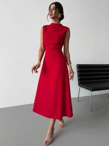 Firerie Đầm chữ A xếp nếp thanh lịch tối giản tinh tế lãng mạn ngọt ngào hàng ngày cho nữ đi làm đi chơi tiệc cưới lễ hội âm nhạc kỳ nghỉ áo yếm đỏ - Màu Đỏ Sâu - Xem 5