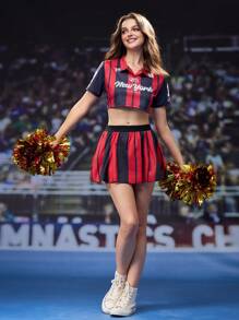 SHEIN Sports Women's Summer Contrast Stripe Cropped Cheerleader Sports Polo Shirt