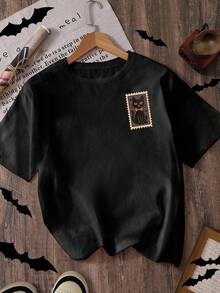 Glissea 万圣节鬼南瓜印花女式 T 恤 - 黑色 - 查看 2