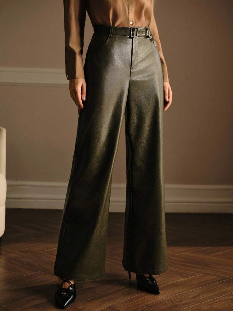 PU LEATHER BELTED PANTS