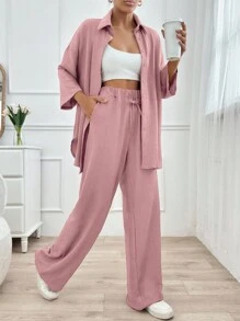 EURMUSE 2pcs Women's Solid Color Pants And Long Sleeve Blouse Set - Dusty Pink - View 3