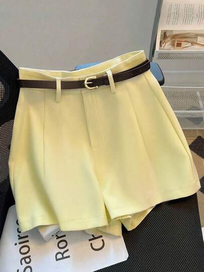 Franclia Pantalones cortos de mujer de cintura media-alta con cinturón, de color caqui sólido, versátiles para uso casual y de oficina, nuevos para el verano