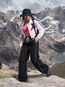SHEIN Essnce 女式抽绳腰阔腿宽松百褶休闲百搭牛仔裤 - 黑色 - 查看 6