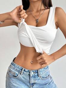 Flirla Petite Áo ba lỗ màu trắng trơn thoải mái, vừa vặn, thoải mái cho nữ, mùa hè - trắng - Xem 6