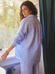 Aralina 睡衣秋冬可爱 Y2K 斯德哥尔摩风格纹理格子泡泡纱超大衬衫，配金色装饰纽扣