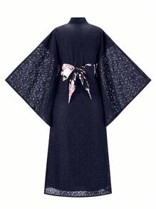 Irokai 宽松长袍、花卉提花腰带装饰吊带裙浴衣套装 - 藏蓝色 - 查看 2