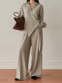Dazy-Less 2pcs Women's Casual Business Commute Outfit,Asymmetric Hem Drawstring Tie Shirt Top And Straight Leg Pants Set,Khaki,Autumn,Chic,Everyday Lounge Sets - Apricot - View 6