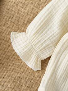 2 件套新生儿女童杏色长袖上衣和裤子套装，家居服，带蕾丝领口饰边，款式可爱，梭织面料