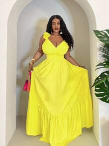 Veslaya 新款锐舞/复活节女装、复古富家女装、乡村音乐会服装、外出服装、仙女风、音乐节服装、热带度假女装、夏季女装、夏季、锐舞、欧洲夏季、春季服装、西部牛仔大码女装、音乐会服装、毕业典礼服装、百搭休闲纯色荷叶边系带深V领层叠长款连衣裙 - 黄色 - M - 黃色 - 查看 2
