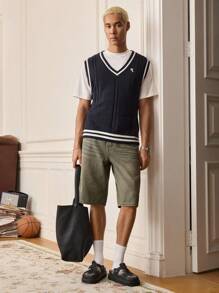 SWAVVY Men's Collegiate Style Embroidered Heart Knit Vest, For Fall Winter - Royal Blue - View 4