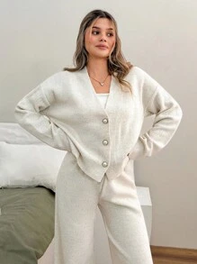 EURMUSE Woman V Neck Long Sleeves With Faux Pearl Buttons Cardigan And Pants Two Pieces Knitwear Set - Apricot - View 4
