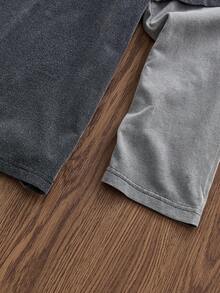 SWAVVY 男士针织休闲宽松字母图案拼色都市长袖T恤，英文图案印花拼接设计，开学季，夏季