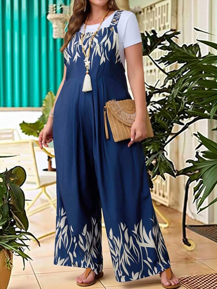 花柄ジャンプスーツ、ポケット付き、調節可能なショルダー、プラスサイズ、休暇に最適