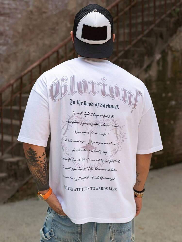 Men's White T-Shirt With Graphic & Letter Print, Summer