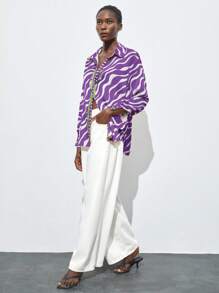 Maija Women's Multicolor Animal Print Zebra Pattern Fashionable Vacation Button-Up Shirt, Versatile All-Season Business Casual Blouse,Autumn Outfits For Women