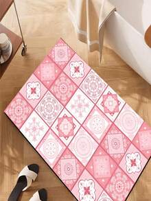 SHEIN 1pc Home Decor, Pink Floral Tile Print Boho Style Diatomite Kitchen Rug, Water-Absorbent, Anti-Slip, Stain-Resistant Kitchen Mat - Great For Farmhouse, Entryway, Indoor, Room Decor, Kitchen, Dining Room, Small Office/Home Office, Sink, Laundry Room