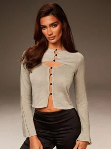 Athîral Conjunto de Cardigan Cropped de Manga Longa e Decote Único e Top de Tricô Sem Mangas de Cor Sólida, Roupas de Outono para Mulheres, Roupas de Halloween - Caqui - Visão 1