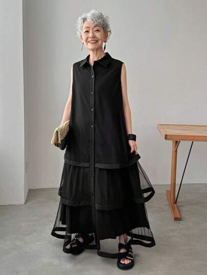 FRIFUL Vestido de mujer de color negro sólido con cuello de camisa, sin mangas, con parches de malla y con capas