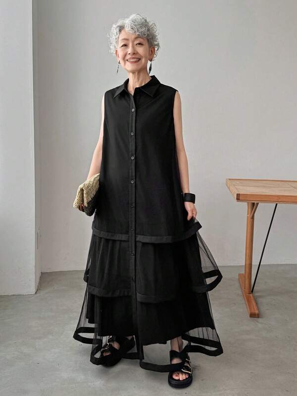 FRIFUL Women's Solid Black Shirt Collar Sleeveless Mesh Patchwork Layered Dress
