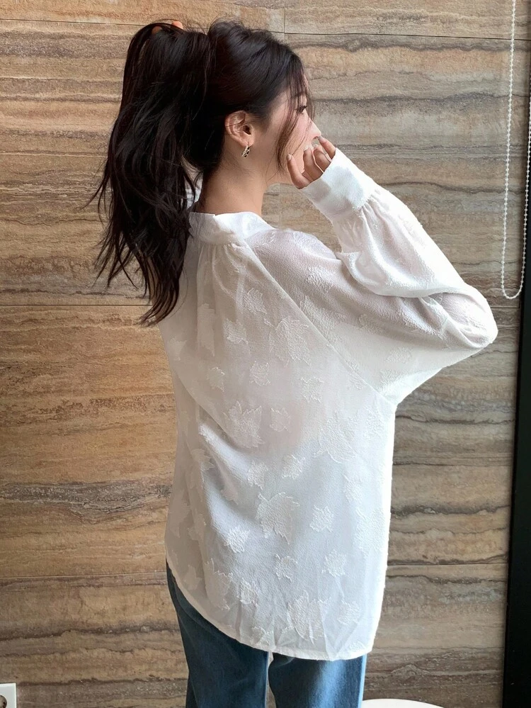 Women's Loose Fit Textured Fabric Long Sleeve Pullover Blouse With Tie Neck, Elegant Vintage Style, Autumn,Fall Women Clothes