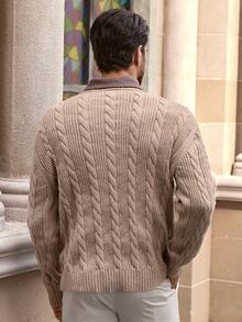 Manfinity BRENVOR 男士套头衫，厚针织长袖，修身廓形，带刺绣图案，秋冬男士针织毛衣粗针织毛衣男士男士米色毛衣针织套衫男士男士针织衫米色毛衣男士 - 卡其色 - 查看 4