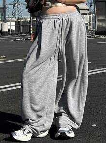 Dazy Plus Plus Size Loose Knit Sweatshirt & Drawstring Waist Long Pants 2pcs Set, All Season Fall Sweatpants